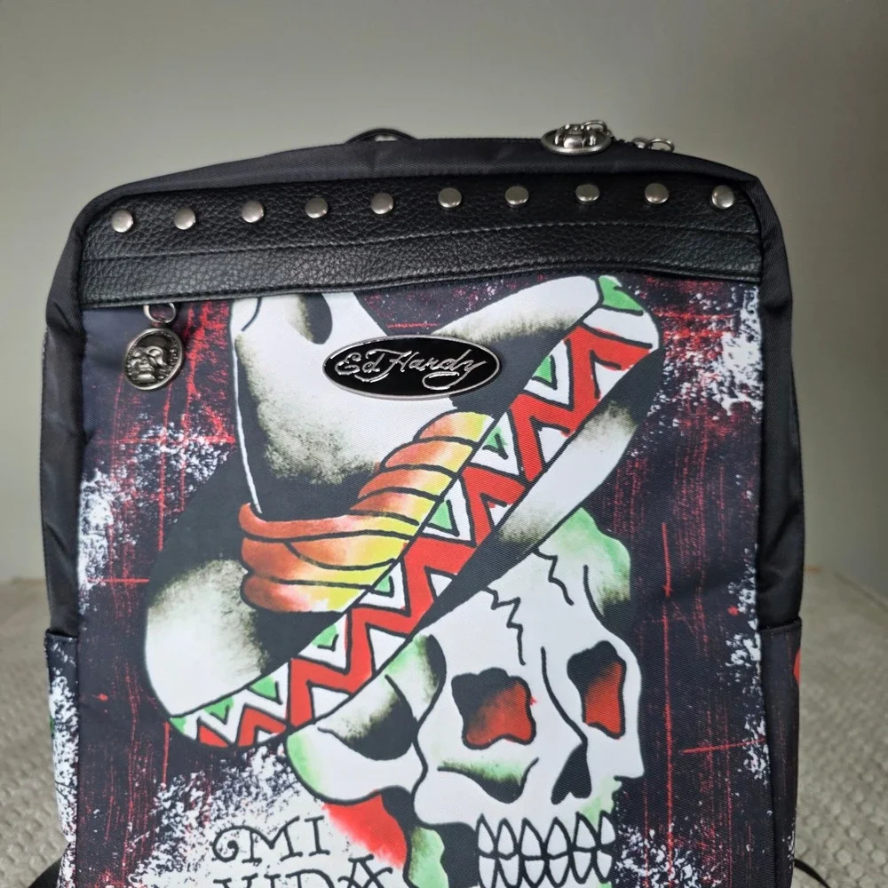 Ed Hardy Backpack Skull Mi Vida Loca Studded Tattoo Art Black Large Y2K, Grunge